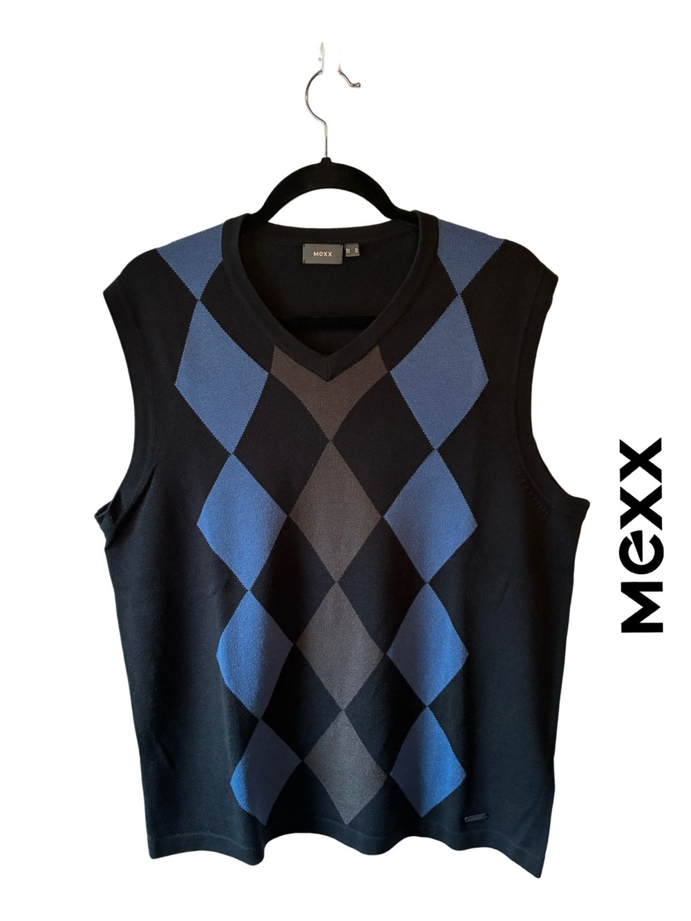Mexx Black Argyle V-Neck Knit Vest with Blue & Gray Diamonds